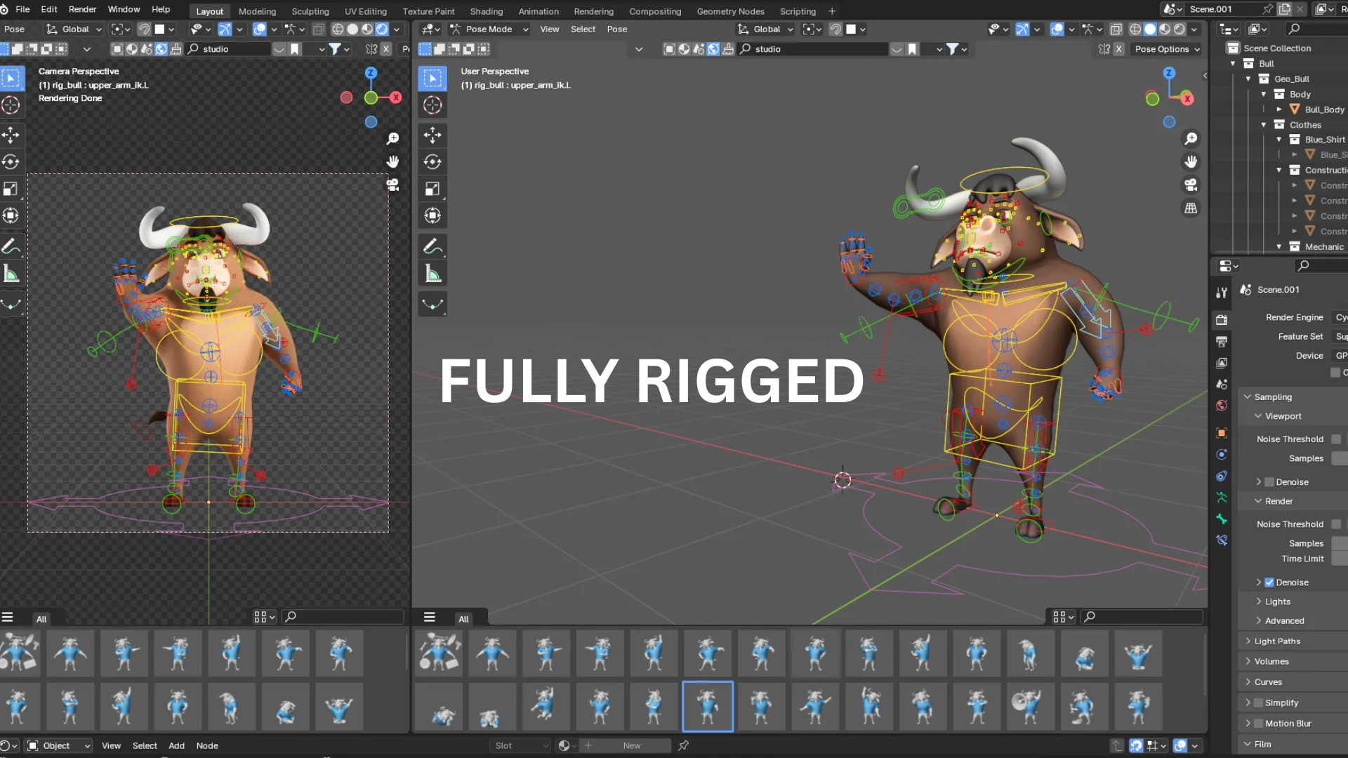 Fully rigged stylized bull mascot 3D character in Blender with rig controls